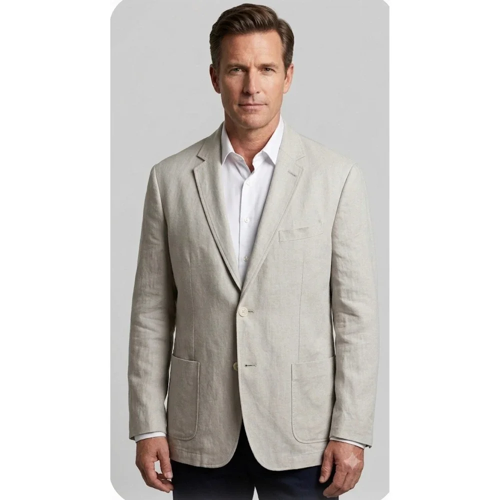 Alan Flusser Mens XL Linen Blazer Beige Summer Sport Coat Coastal Preppy Yacht